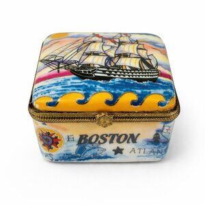 Agiftcorp Nautical Clipper Ship Trinket Box Boston Map VTG Coastal Beach Keepsak